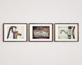 Farmhouse Bathroom Art Prints: Vintage Soap & Water Pump Set