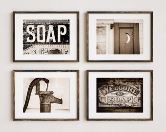 Sepia Bathroom Wall Art - Set of 4 Prints or Canvases - Vintage Style Rustic Bath Decor - Ideal Gift for Mom