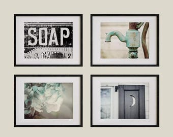 Farmhouse Bathroom Art Set: Rustic Aqua and Black Prints - Unframed Photography Prints