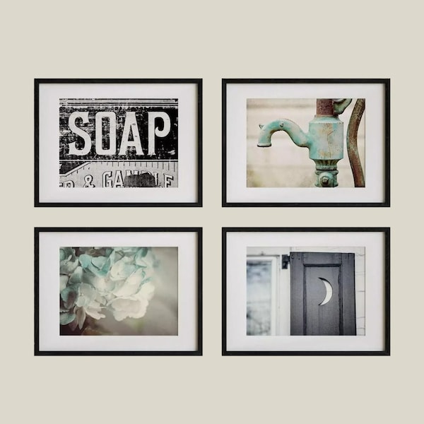 Juego de láminas decorativas para baño de estilo rústico: Láminas rústicas en aguamarina y negro - Fotografías sin marco