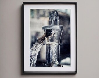 Vintage Water Pump Art Print: Rustic Farmhouse Bathroom Decor