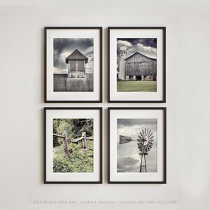 Farmhouse Wall Decor - Moody Grey Barn Photo Prints - Living Room, Foyer, Bedroom Wall Art - Set of 4