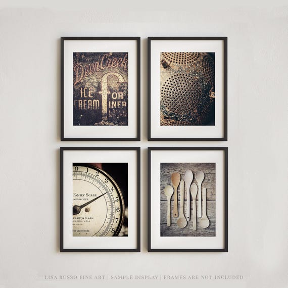 Farmhouse Kitchen Wall Art: Set of 4 Vintage Brown Prints