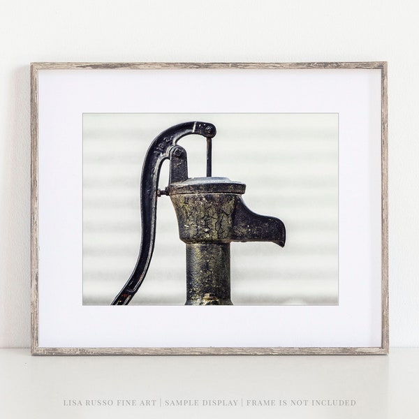 Rustic Industrial Wall Art - Vintage Black Pitcher Pump Photography Print for Bathroom Laundry Room or Kitchen Decor