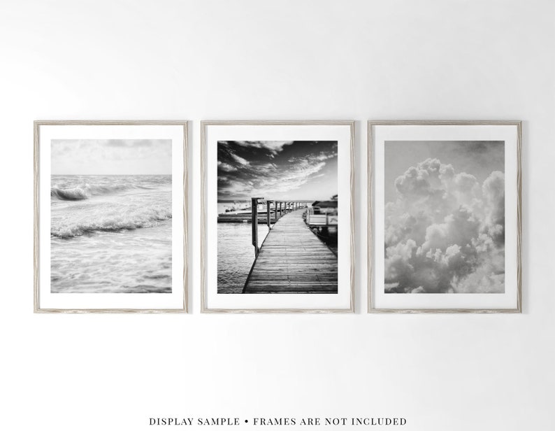 Minimalist Black and White Beach, Nautical and Clouds Wall Art Set for Office or Bedroom Decor 3 Modern Prints image 4