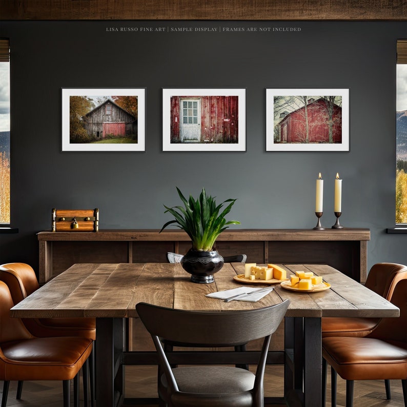 Red Barn Prints or Canvas Set of 3 Farmhouse Wall Decor Kitchen Foyer Office Bedroom Landscape Photography image 1