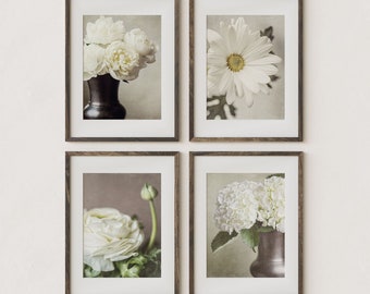 Elegant Beige Flower Prints or Canvas Set of 4 for Traditional or Shabby Chic Home Decor - Floral Wall Art for Office, Bedroom, or Bathroom