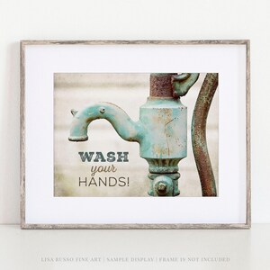 Wash Your Hands Print: Rustic Aqua Bathroom Wall Art