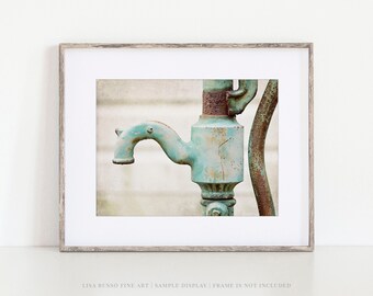 Farmhouse Antique Aqua and Teal Water Pump Print - Bathroom, Laundry Room, Kitchen Wall Art Decor