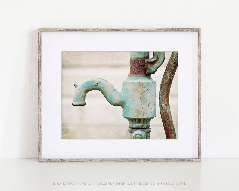 Farmhouse Antique Aqua and Teal Water Pump Print Bathroom, Laundry Room, Kitchen Wall Art Decor image 1