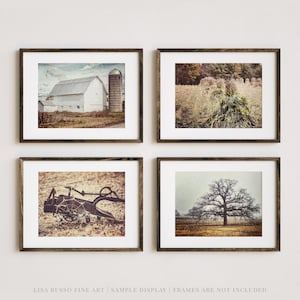 Rustic Farmhouse Set of 4 Prints for Home Decor | Neutral Beige, Brown | Barn, Hay, Cornfield | Housewarming Gift | Country Decor