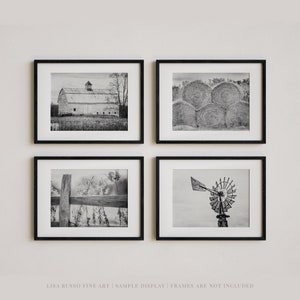 Set of 4 Black and White Farmhouse Landscape Art Prints for Neutral Wall Decor - Housewarming Gift