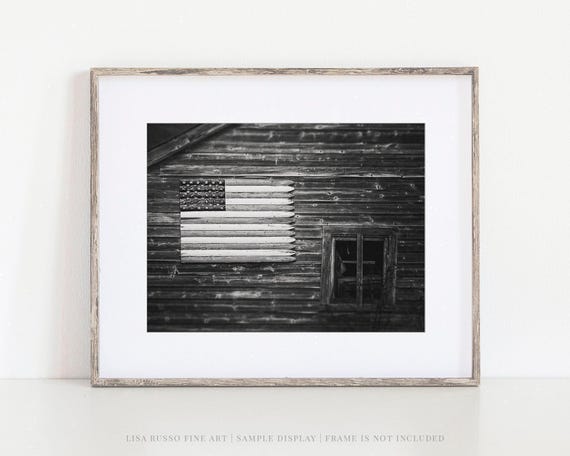 Rustic Americana Wall Art: Black and White Barn with Flag