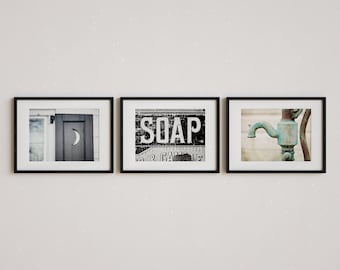 Farmhouse Bathroom Prints, Rustic Soap & Moon, Aqua Pump (Set of 3) - Unframed Photography Prints