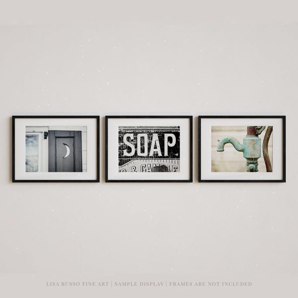 Farmhouse Bathroom Prints, Rustic Soap & Moon, Aqua Pump (Set of 3) - Unframed Photography Prints