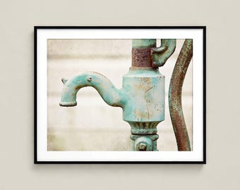 Teal Water Pump Unframed Photography Print, Rustic Farmhouse Vintage Wall Art, Bathroom Kitchen Decor