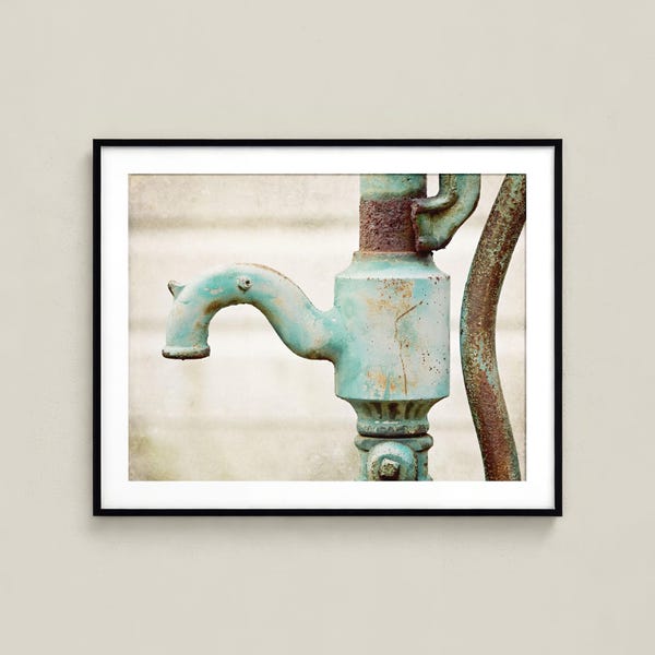 Teal Water Pump Unframed Photography Print, Rustic Farmhouse Vintage Wall Art, Bathroom Kitchen Decor