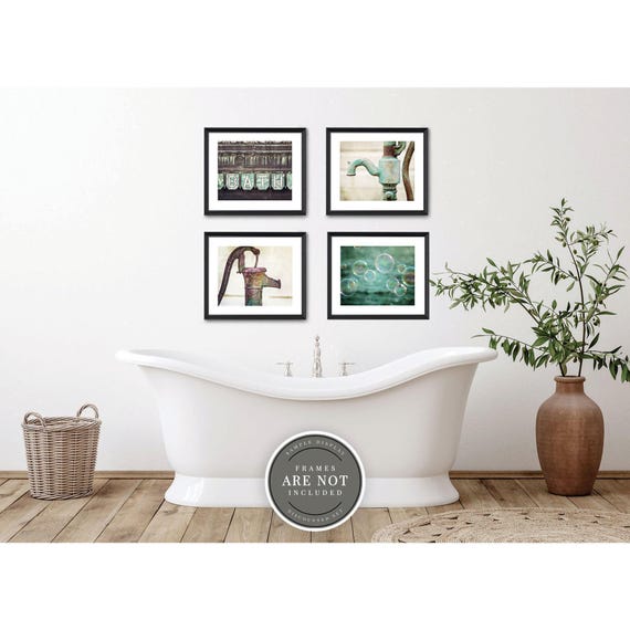 Vintage Bathroom Art Prints: Teal Green Farmhouse Set of 4 - Unframed Photography Prints