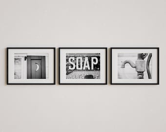 Farmhouse Bathroom Art Prints: Rustic Black and White Photography Set - Unframed Photography Prints