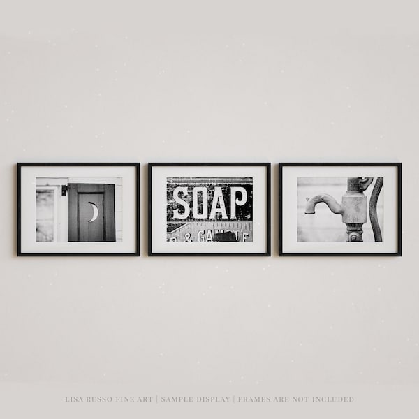 Farmhouse Bathroom Art Prints: Rustic Black and White Photography Set - Unframed Photography Prints