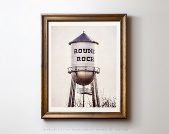 Vintage Water Tower Print - Rustic Farmhouse Decor - Downtown Round Rock Texas - Built in 1935 - Earthtones - Gift for Her