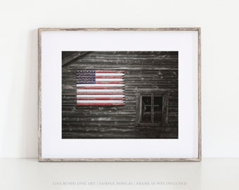 Farmhouse Flag Wall Art - Primitive American Barn Landscape Print or Canvas - Americana Decor