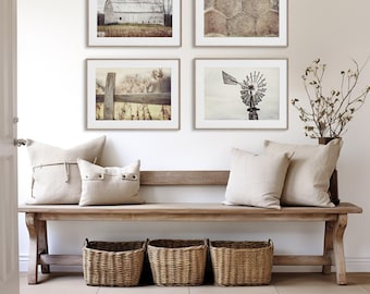 Farmhouse Wall Art Set | Rustic Country Prints in Neutral Tones | Barn, Hay, Fence & Windmill | Unframed  Decor  | Curated Bundle