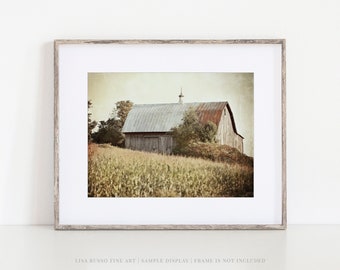 Vintage Farmhouse Wall Decor - Beige, Gold - Primitive Country Barn Landscape Print or Canvas - Original Art for Living Room