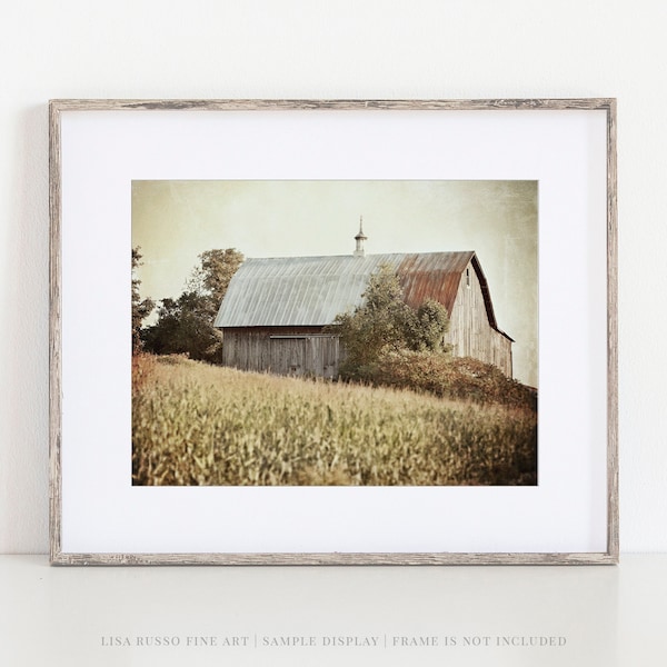 Vintage Farmhouse Wall Decor - Beige, Gold - Primitive Country Barn Landscape Print or Canvas - Original Art for Living Room