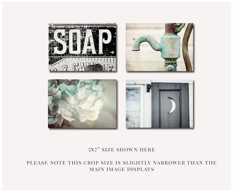 Farmhouse Bathroom Wall Decor Prints or Canvas, Rustic Bathroom Art Set, Teal, Black, Blue, Soap Sign, Water Pump, Outhouse Moon, Bath Art image 7