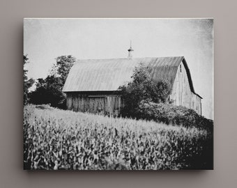 Black and White Farmhouse Canvas Wall Art - Ready to Hang Large Print or Canvas - Barn Landscape