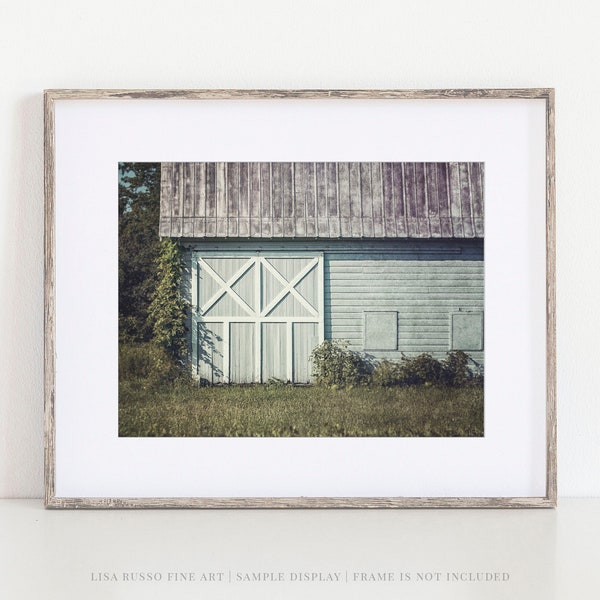 Barn Landscape in Pastel Blue and Aqua - Farmhouse Wall Decor for Rural Country Living Rooms