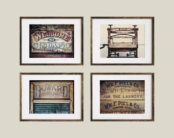 Laundry Room Prints: Farmhouse Vintage Wall Art (Set of 4) - Unframed Photography Prints
