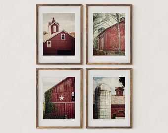 Wall Art Prints - Red Rustic Farmhouse Decor - Set of 4 - Vertical Barn Landscape Prints for Kitchen or Living Room - Gift for Her