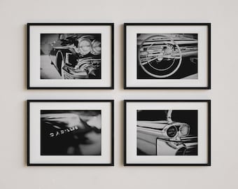 Vintage Automobile Photo Prints - Retro Black & White Car Art Set - Unframed Photography Prints
