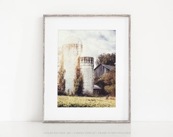 Rural Barn Photography Print - Vertical Farmhouse Wall Art Decor - Vintage Silo Sunset Photograph for Living Room Bedroom