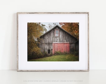 Farmhouse Landscape Print or Canvas - Grey Barn with Red Door - Fall Farm Photograph for Living Room Decor