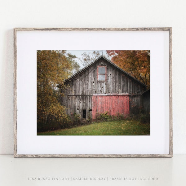 Farmhouse Landscape Print or Canvas - Grey Barn with Red Door - Fall Farm Photograph for Living Room Decor