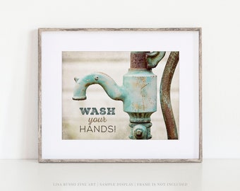 Funny Kids Bathroom Wall Decor - Wash Your Hands in Rustic Aqua, Beige, Teal - Perfect for New Parents