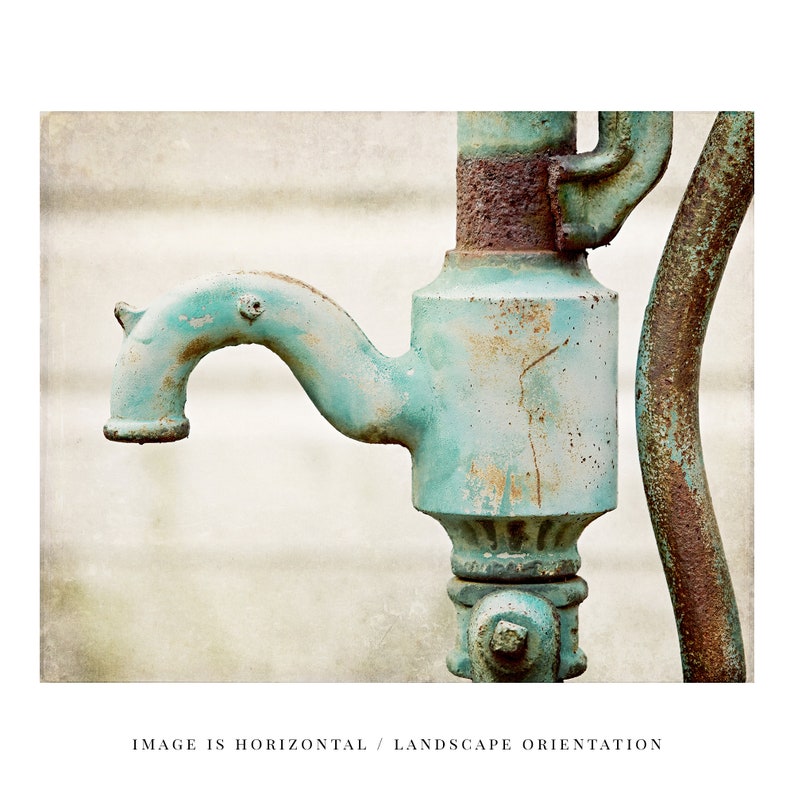 Farmhouse Antique Aqua and Teal Water Pump Print Bathroom, Laundry Room, Kitchen Wall Art Decor image 2