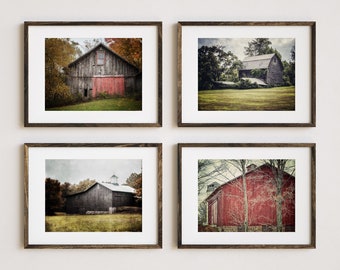 Red and Grey Farmhouse Barn Landscape Prints or Canvas - Set of 4 Vintage Rural Farm Pictures for Country Home Decor