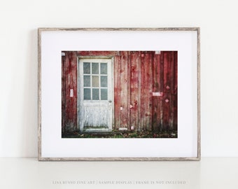 Rustic Red Barn Wall Decor - Vintage Farmhouse Art - White Door Photo Print - Barn Photography