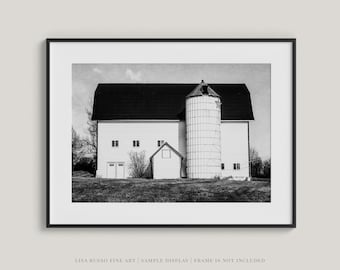 Black and White Wall Art | Western Farmhouse Print or Canvas | Rustic White Barn Landscape for Family Room, Living Room or Office Decor