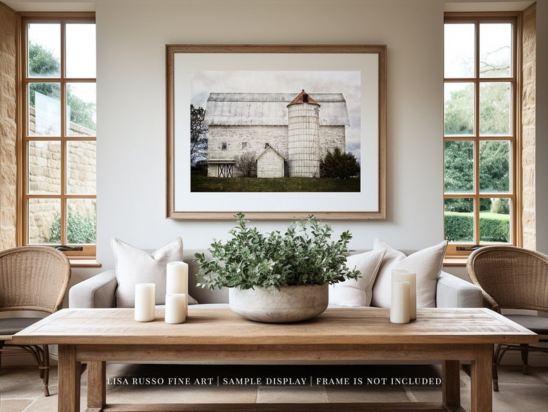 Farmhouse Vintage White Barn Landscape Print or Canvas Rustic Wall Decor for Living Room Gift for Her image 1