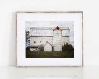 Farmhouse Vintage White Barn Landscape Print or Canvas - Rustic Wall Decor for Living Room - Gift for Her