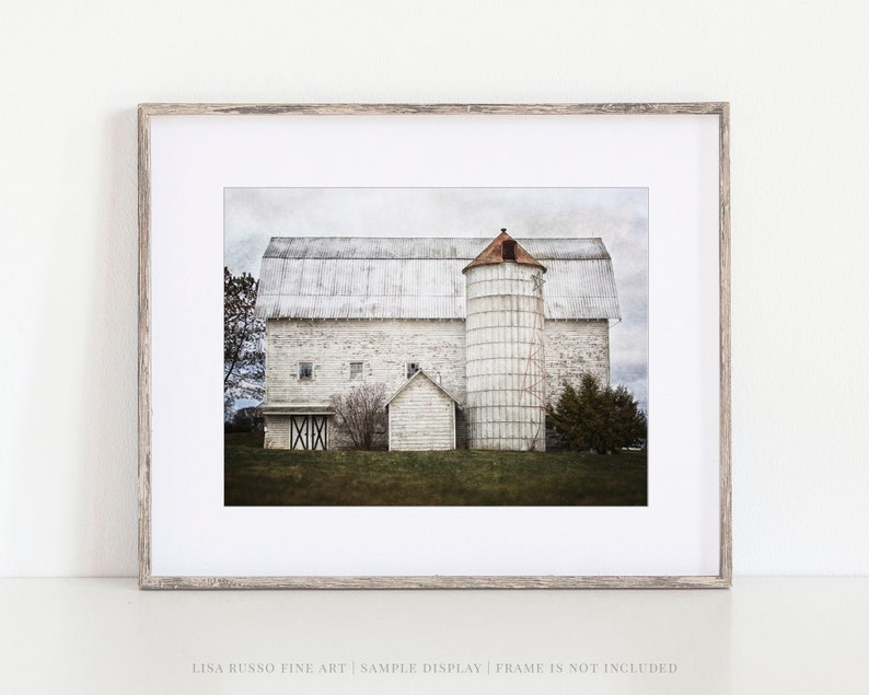 Farmhouse Vintage White Barn Landscape Print or Canvas Rustic Wall Decor for Living Room Gift for Her image 4