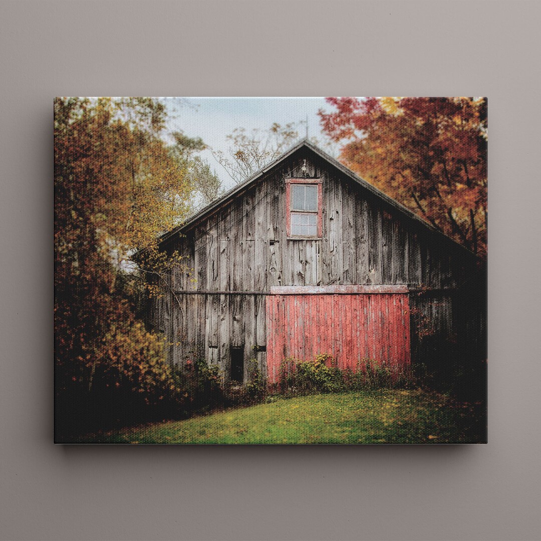 Farmhouse Landscape Canvas Wall Art Gray and Red Fall Country Barn ...