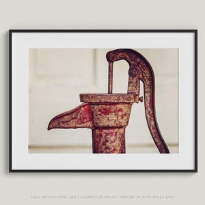 Red Rustic Artwork, Picture of Vintage Pitcher Pump for Kitchen, Bathroom Wall Decor, Farmhouse Style Country Print