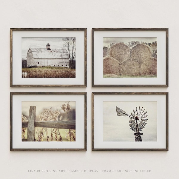Farmhouse Wall Art Set: Rustic Barn and Windmill - Neutral Tones