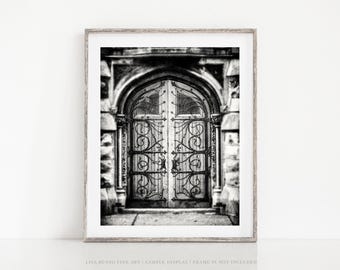 May include: Black and white framed print of an arched doorway with ornate ironwork. The double doors feature intricate scroll designs and are set within a stone facade. The image is a fine art print, suitable for home decor.